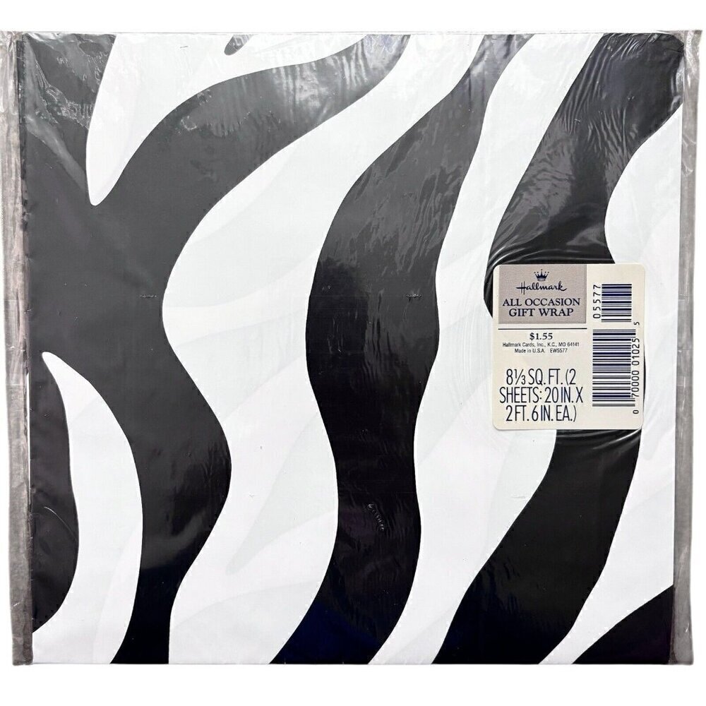 Zebra Pattern Hallmark VTG 90s Gift Wrap Paper NEW 8 1/3 Sq Ft (2 Sheets)